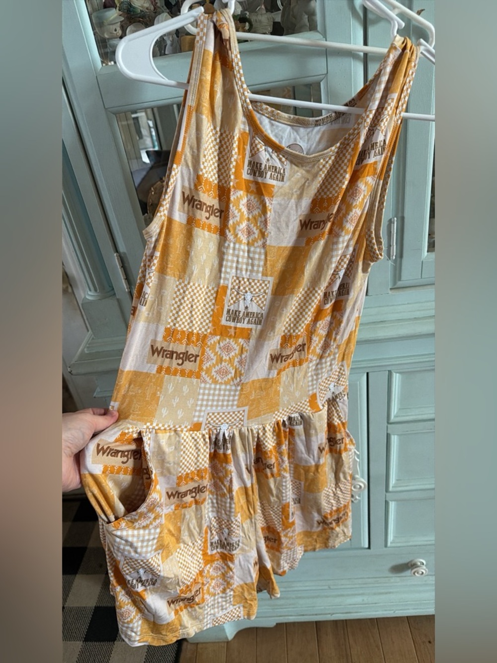 BAMBOO Cream and Yellow Checkered Tank romper! Wrangler pattern! With pockets!